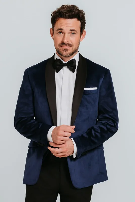 Navy Velvet 2 Piece Tuxedo with Contrast Shawl Lapel - Dobell