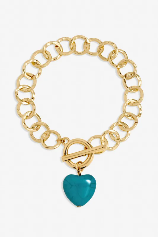 Gold Plated and Turquoise Heart T-Bar Bracelet