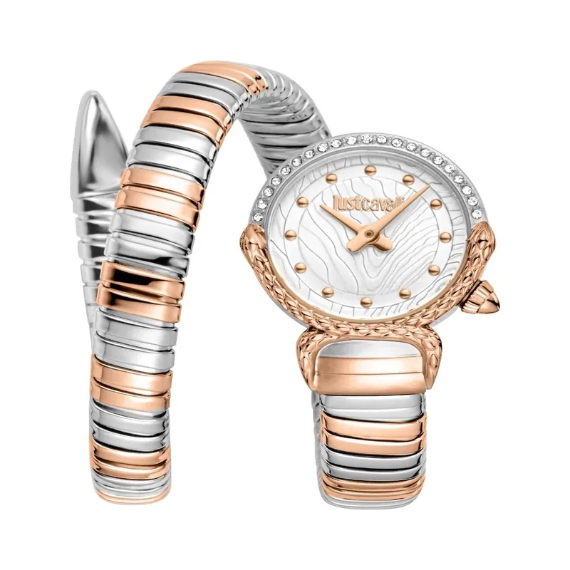 Snake Two Tone Silver & Rose Gold Stainless Steel Diamond Watch - Just Cavalli