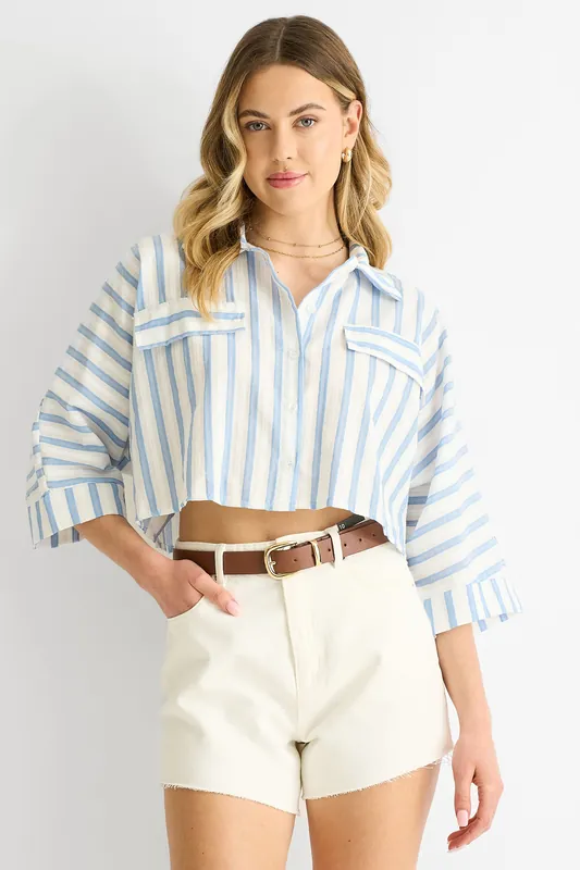 Blue Stripe Cotton Oversized Crop Shirt - Gini London