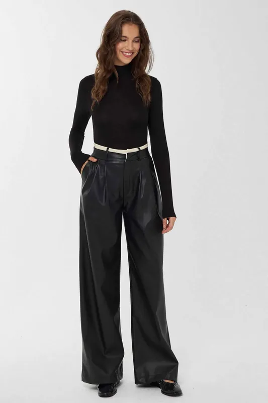 Belt Detailed Wide Leg Faux Leather Pants - Hiccup