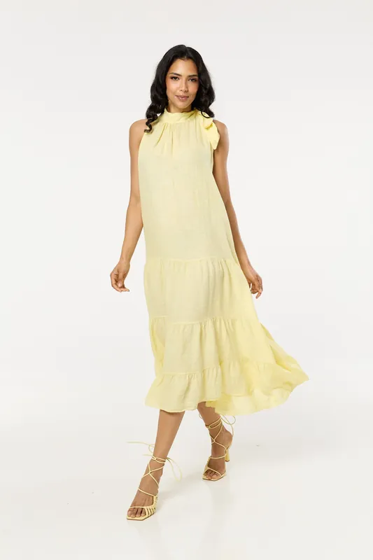 Yellow Linen Tie Neck Tiered Maxi Dress - Liquorish