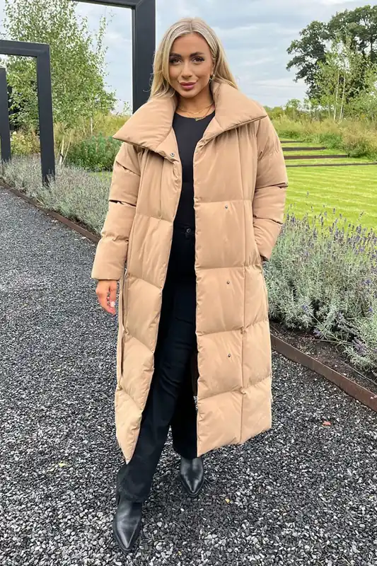 Biscuit Tie Waist Quilted Longline Puffer Coat - AX Paris