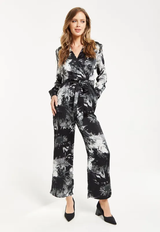Mono Abstract Print Jumpsuit Long Sleeve - Liquorish