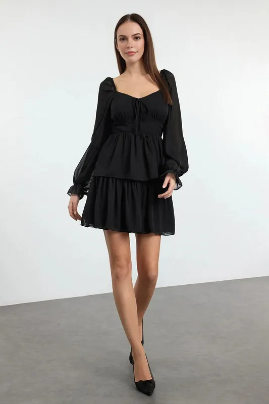 Tiered Mini Dress With Sheer Long Sleeves - WOVCOR