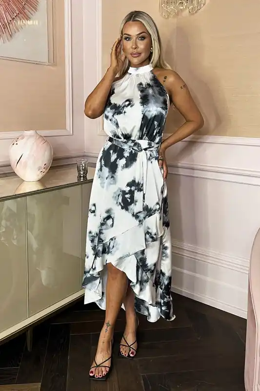 Black And White Marble Print Halter Neck Tie Waist Frill Hem Midi Dress - AX Paris