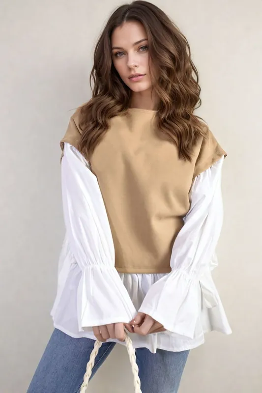 Alicia Side Tie Contrast Long Sleeve Knit Frill Top - IKRUSH