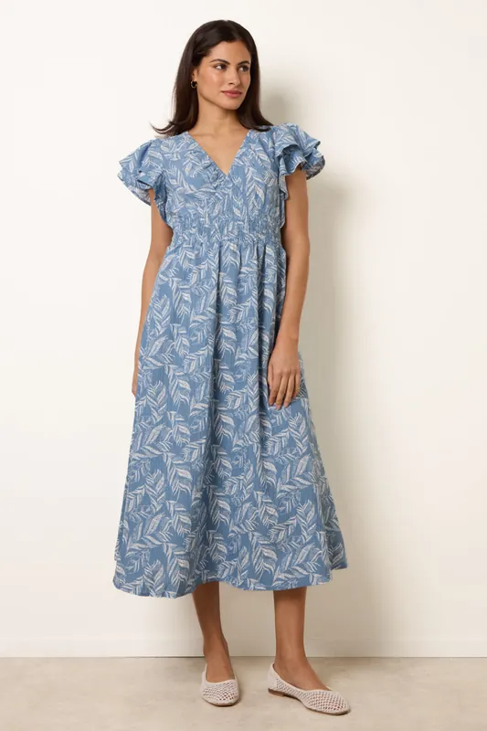 Blue V Neck Flutter Midi Dress - Blue Vanilla