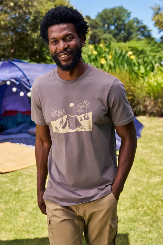 Camping Sketch Print Breathable Short Sleeve Cotton T-Shirt
