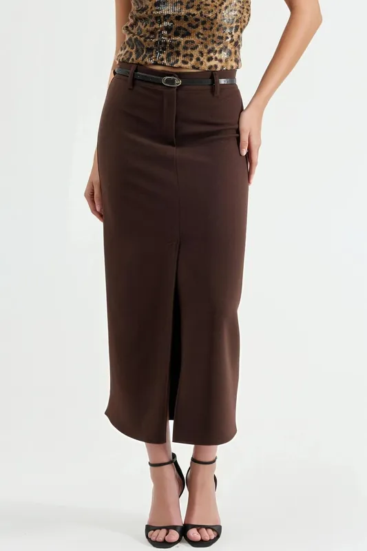 Belted Midi Skirt with Slit - QU Style