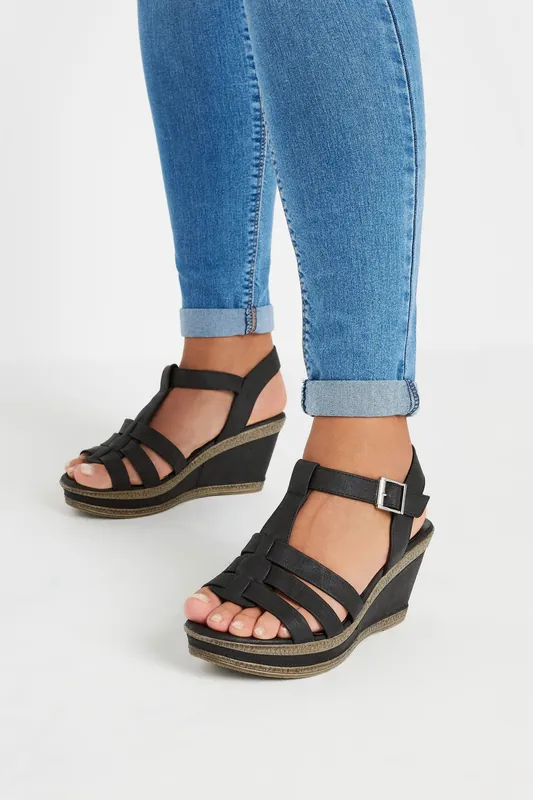 Faux Leather T-Bar Wedge Sandals