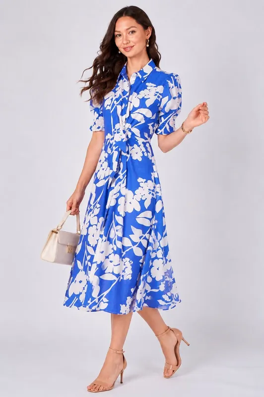 Blue Floral Print Tie Front Midi Shirt Dress - Love Sunshine