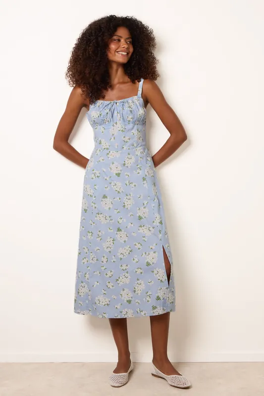 Blue Midi Milkmaid Floral Dress - Blue Vanilla