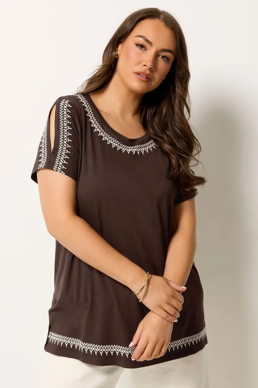 Embroidered Cold Shoulder T-Shirt