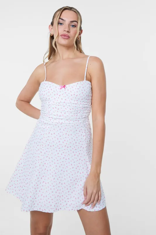White Ruched Skater Dress - Pink Vanilla
