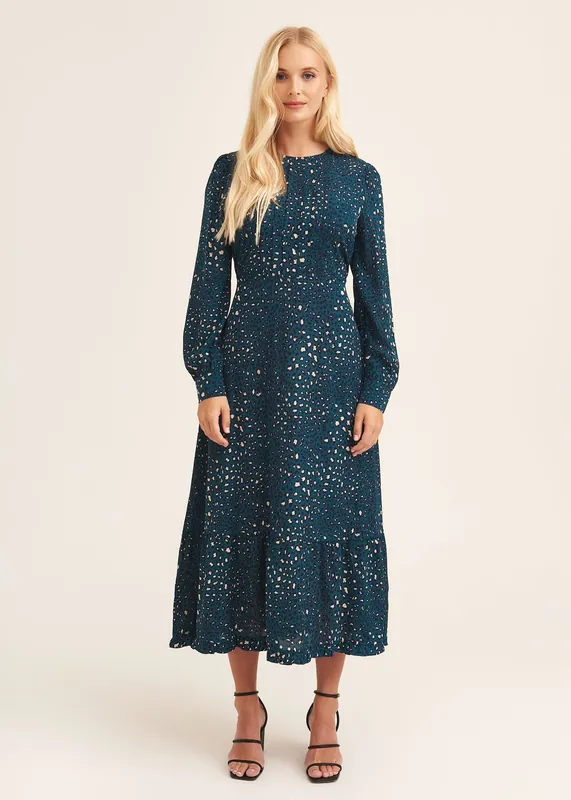 Green Animal Print Long Sleeve Midaxi Dress - Gini London