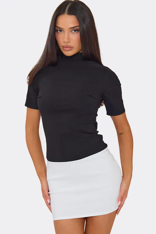 Short Sleeve High Neck Contrast Trim Mini Dress - EGO