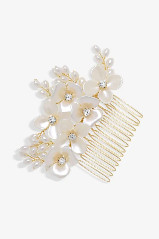 Gold Plated White Floral And Crystal Hair Comb - Jon Richard