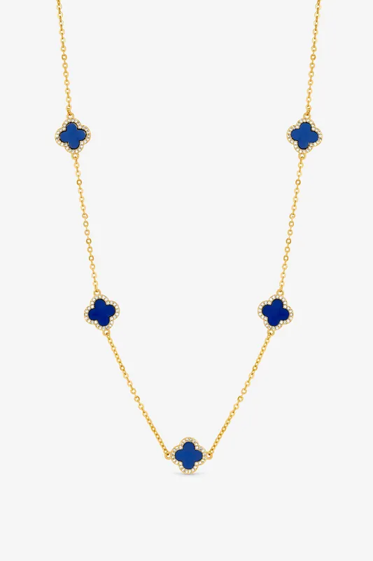 Gold Plated Lapis Station Clover Necklace - Jon Richard
