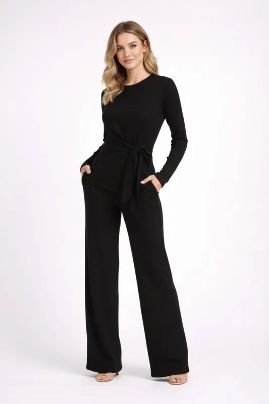 Ribbed Wrap Around Top and Wide Leg Trouser Co-ord