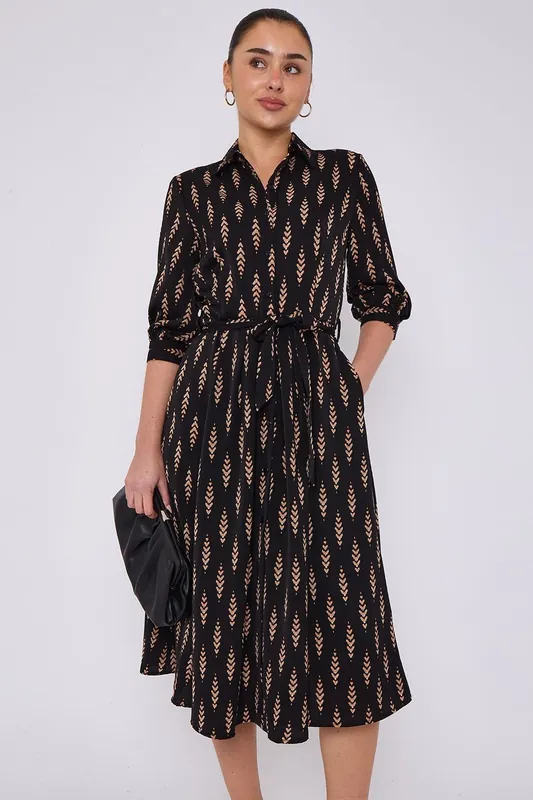 Tan Chevron Print Half Sleeve Black Midi Shirt Dress - Love Sunshine