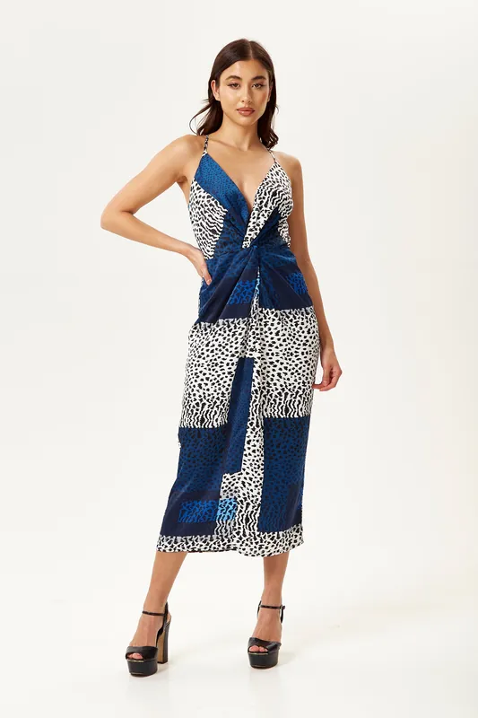Cami Midi Dress in Blue Animal Print - Liquorish