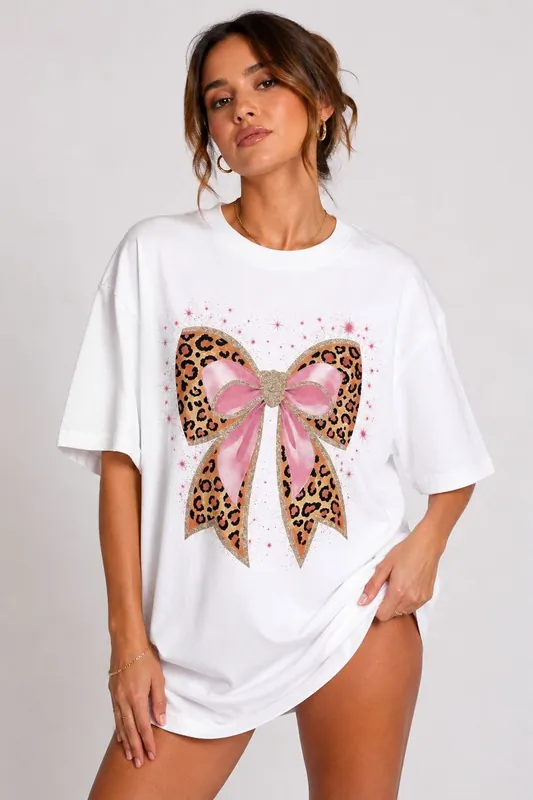 Leopard Print Bow Glitter Detail Oversized T-Shirt