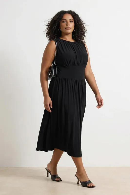 High Neck Gathered Waist Midi Dress - WOVCOR