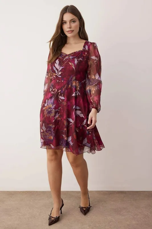 Floral Print Sheer Sleeve Mini Dress with Ruched Neckline - WOVCOR