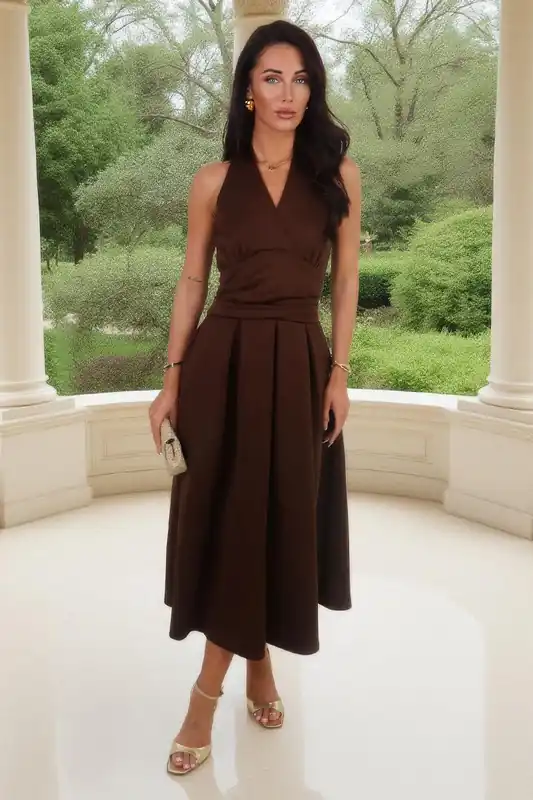 Chocolate Tie Halter Neck Midi Dress - AX Paris
