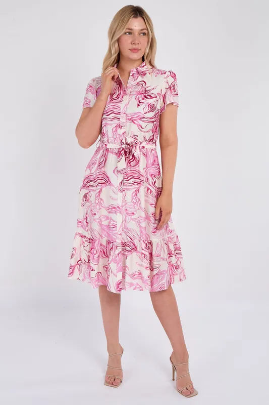 Pink Swirl Print Frilled Hem Midi Dress - Love Sunshine