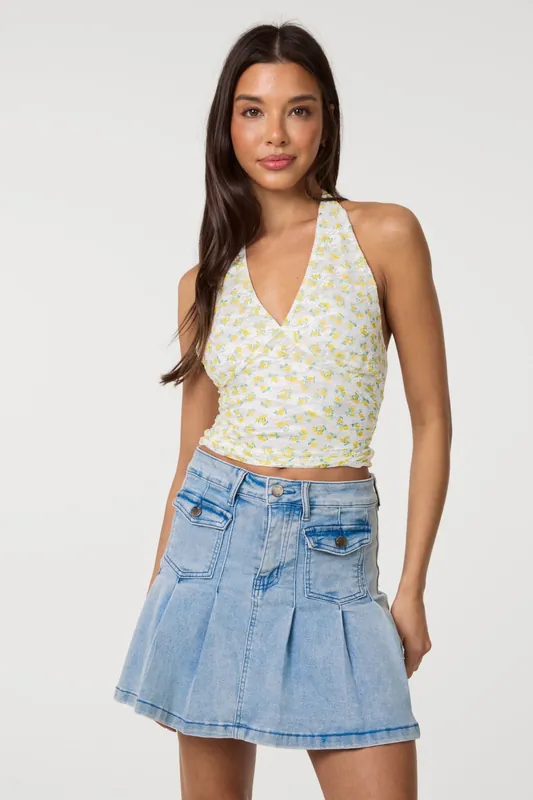 Lemon Printed Lace Halter Neck Top - Pink Vanilla