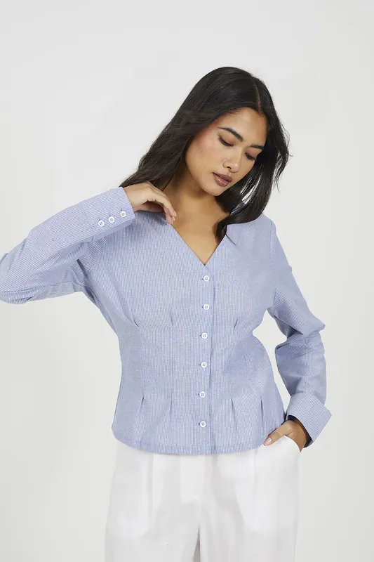 Striped Long Sleeve Cinched Waist Shirt - Brave Soul
