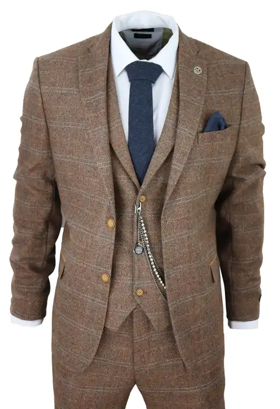 3 Piece Wool Suit Tweed Herringbone Check Peaky Blinders Gatsby - Infinity Leather
