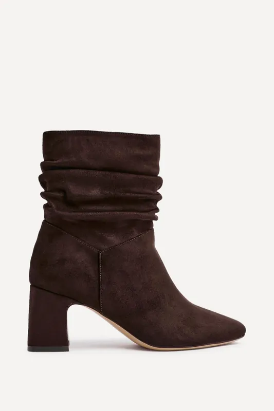Maven Brown Faux Suede Ruched Block Heel Ankle Boot - Linzi
