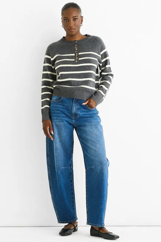 Grey Stripe Button Up Loose Fit Knit Jumper - Gini London