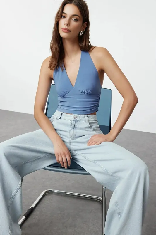 Halter Neck Ruched Crop Top with Deep V Neck - WOVCOR