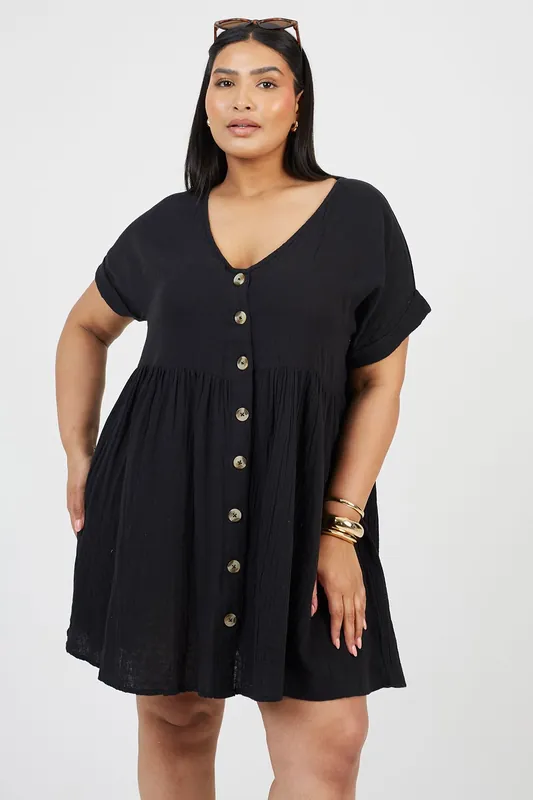 Curve Smock Style Button Front Mini Dress - Brave Soul