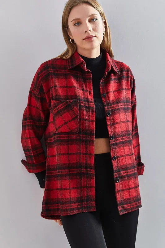 Plaid Long Sleeve Shirt with Pocket - Bianco Lucci