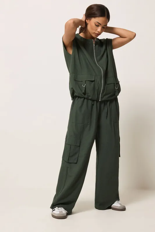 Petite Cargo Gilet & Wide Leg Trousers Set - PixieGirl