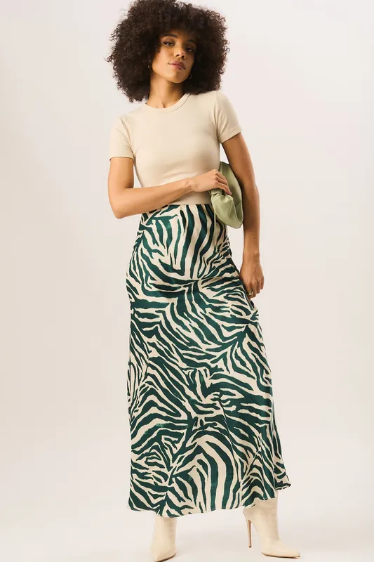 Green Zebra Bias Maxi Skirt - Gini London