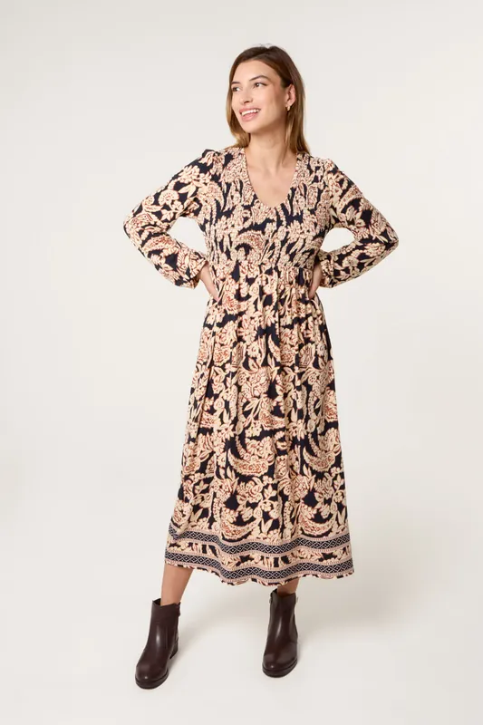 Navy V Neck Shirred Border Print Midi Dress - Blue Vanilla