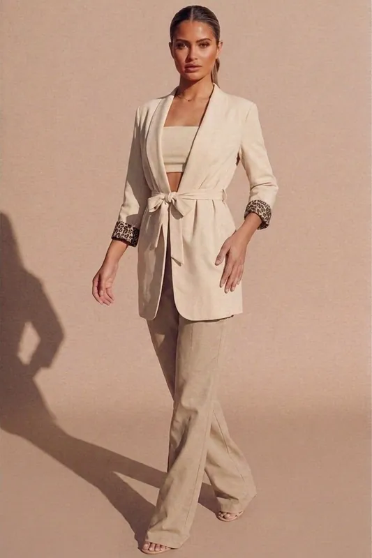 Beige Belted Leopard Print Cuff Detail Blazer- Finon