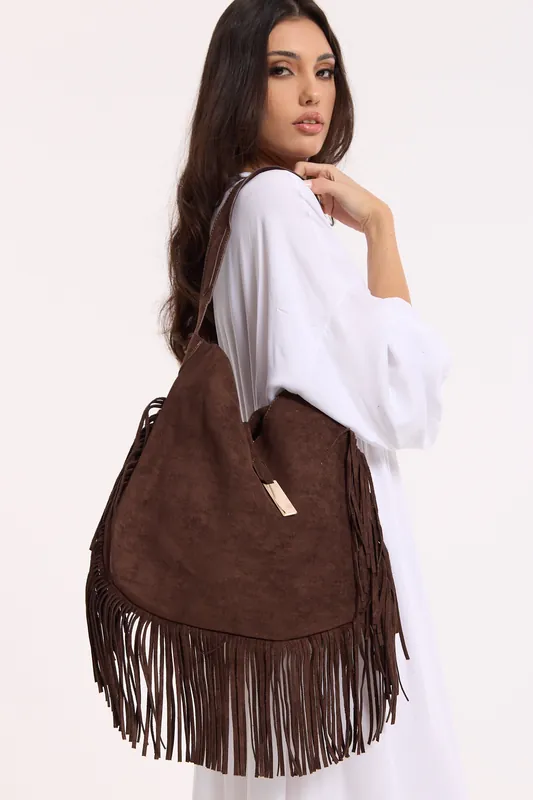 Chocolate Suede Fringe Hobo Bag - Liquorish