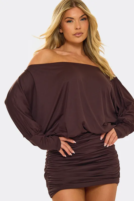 Slouchy Long Sleeve Ruched Mini Dress - EGO