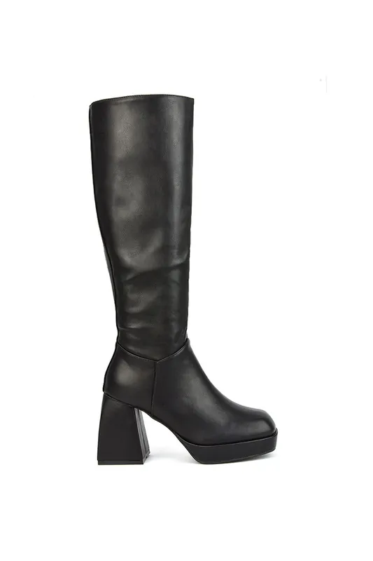 Wren' Knee High Boots With Platform Chunky Flared Block Heel - XY London