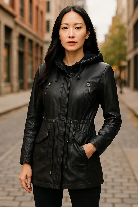 Leather Hooded Parka Jacket-Clare