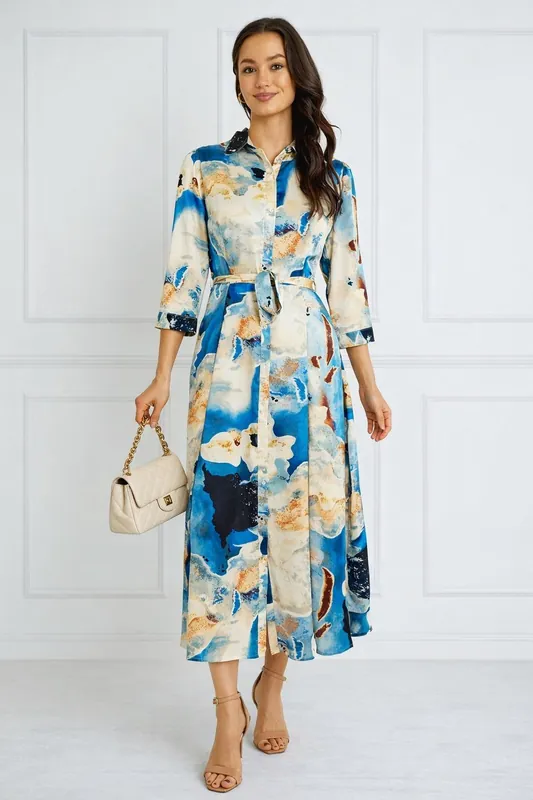 Blue Watercolor Print Satin Maxi Shirt Dress - Love Sunshine