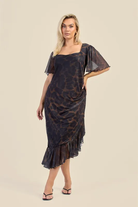 Curve Flutter Sleeve Ruffle Hem Leopard Midi Dress - FASHION-SZN