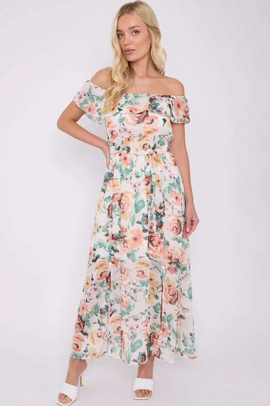 Cream Rose Floral Print Chiffon Bardot Maxi Dress - Love Sunshine